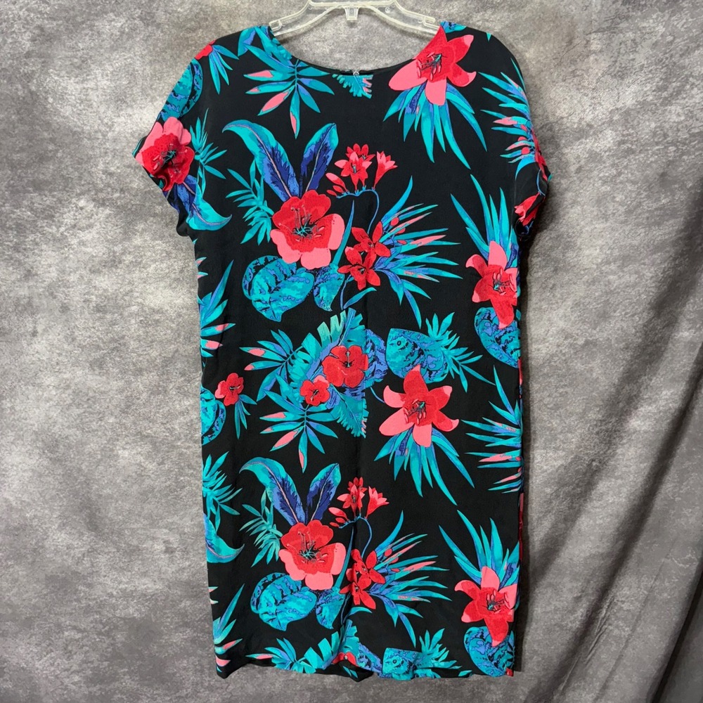Vintage August Silk Tropical Floral Shift Dress Size M Hibiscus Black Pink Teal